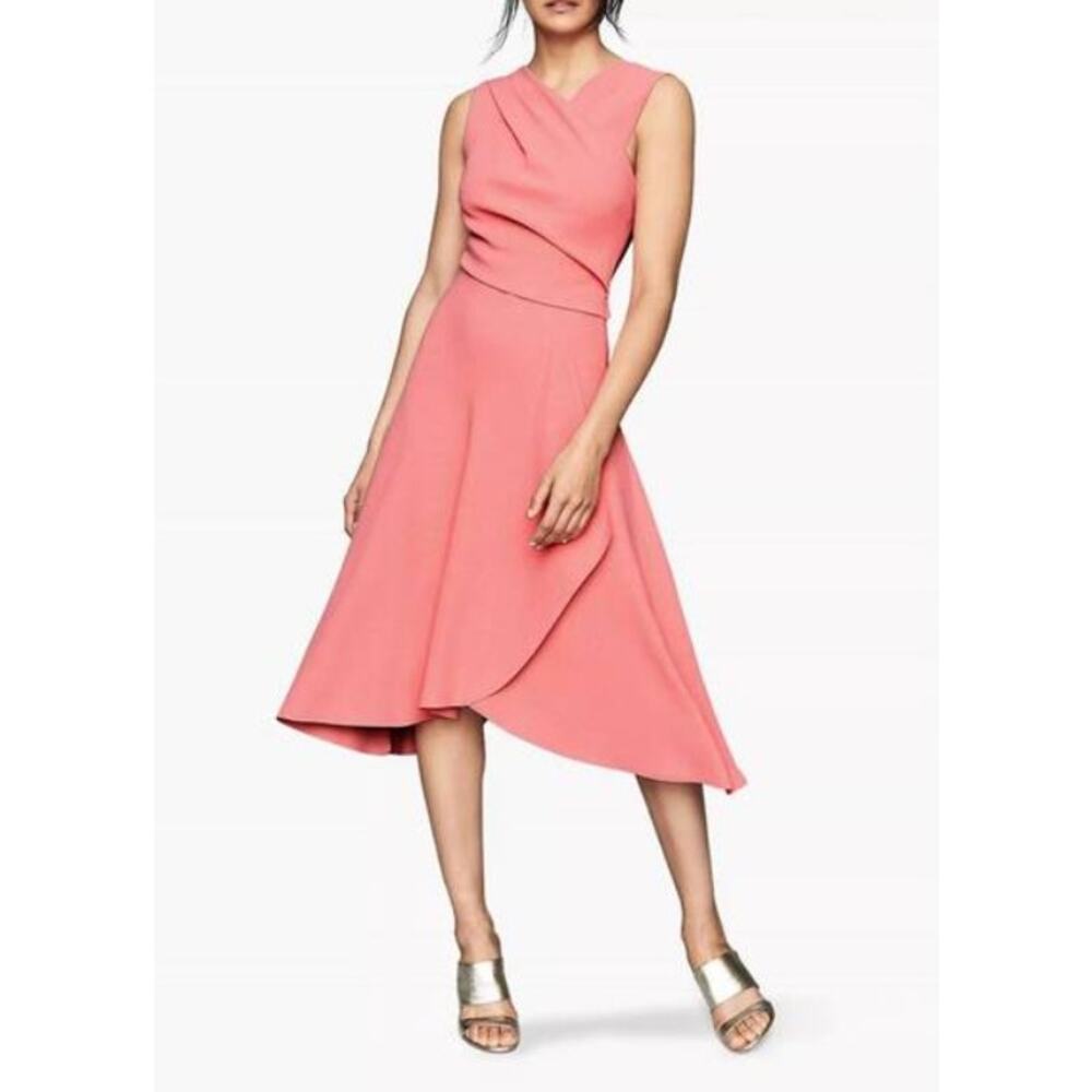 Reiss Coral Pink Asymmetrical Wrap Midi Dress